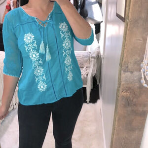 Bila small turquoise boho floral embroidered top